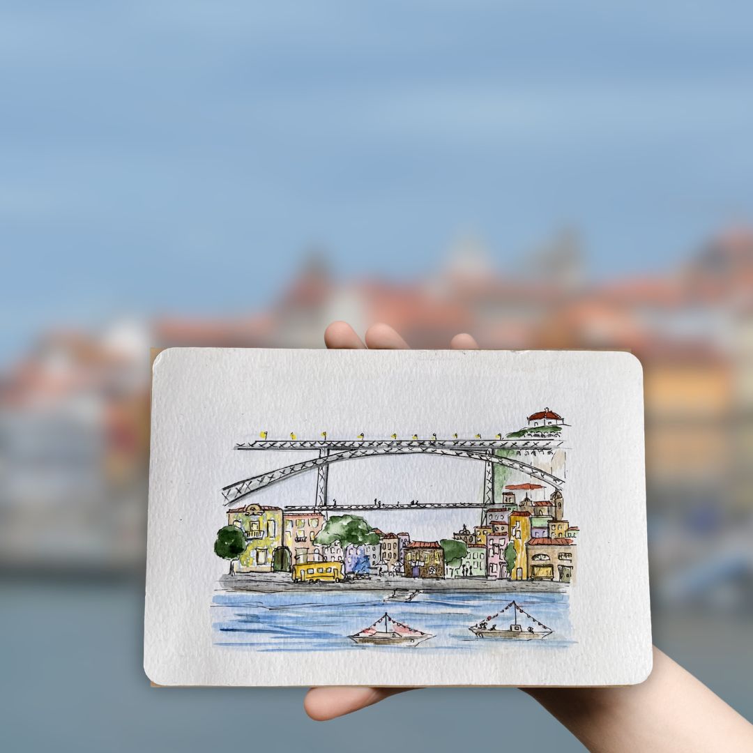 Postcard with original art work “Iconic view of Porto”