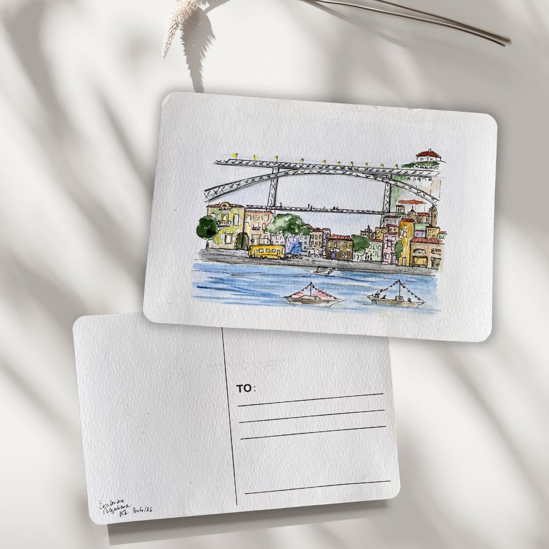 Postcard with original art work “Iconic view of Porto”