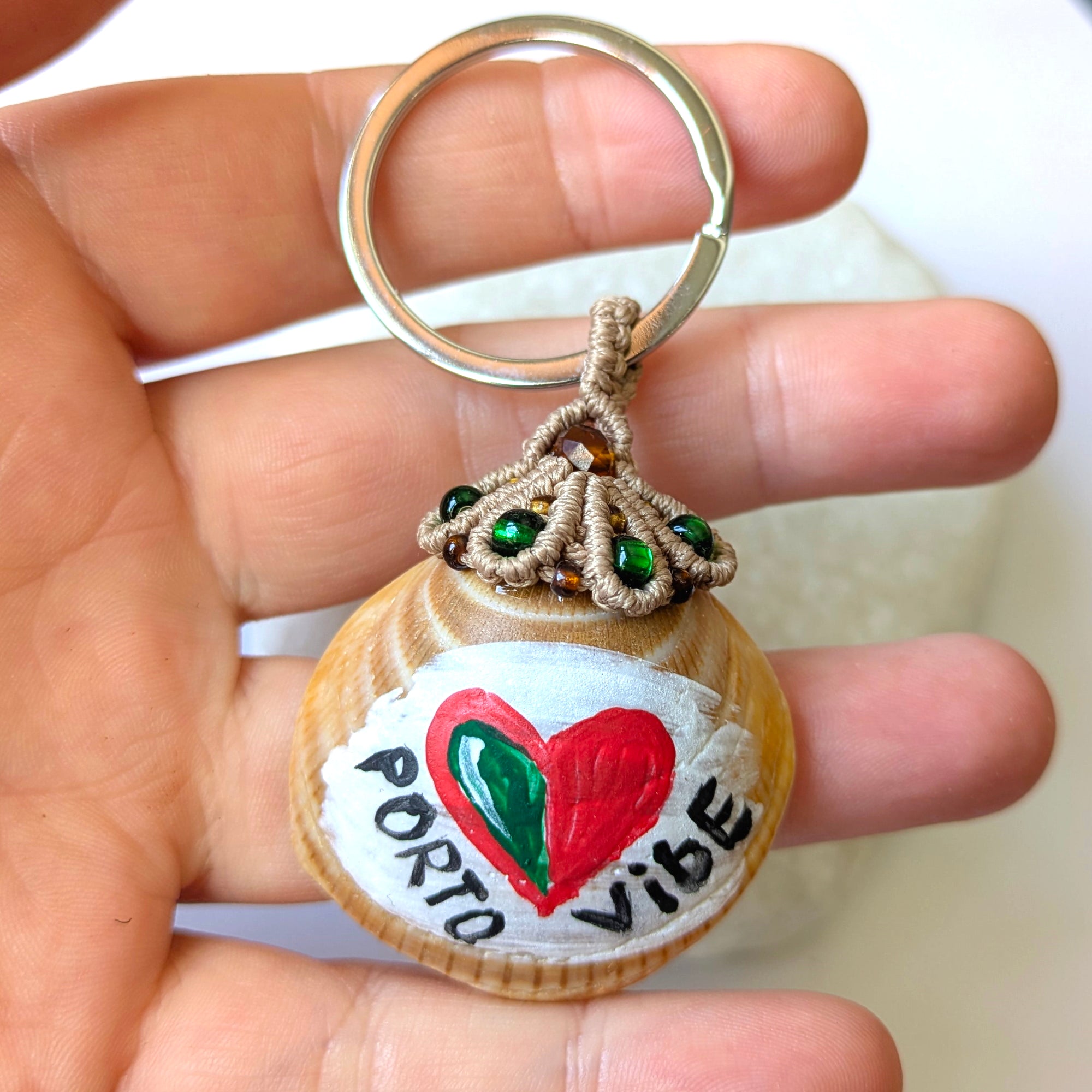 Sea Shell Keychain with Green Beads