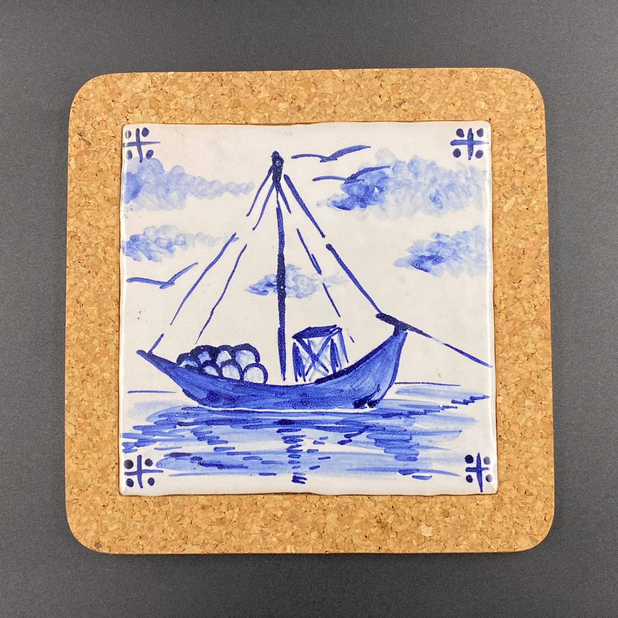 Rabelo Boat - Azulejo Handmade Portuguese Tile in Cork Base