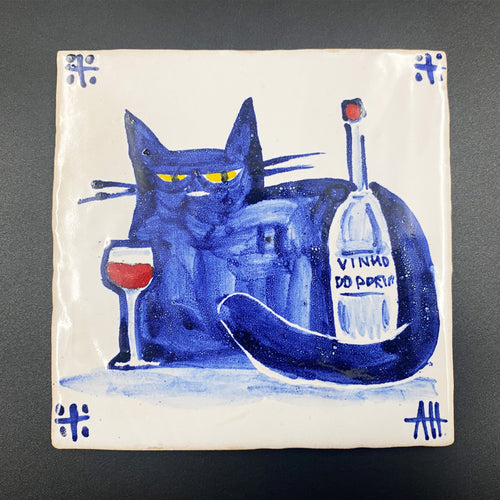 Cat & Port wine - Azulejo Handmade Portuguese Tile in Cork Base
