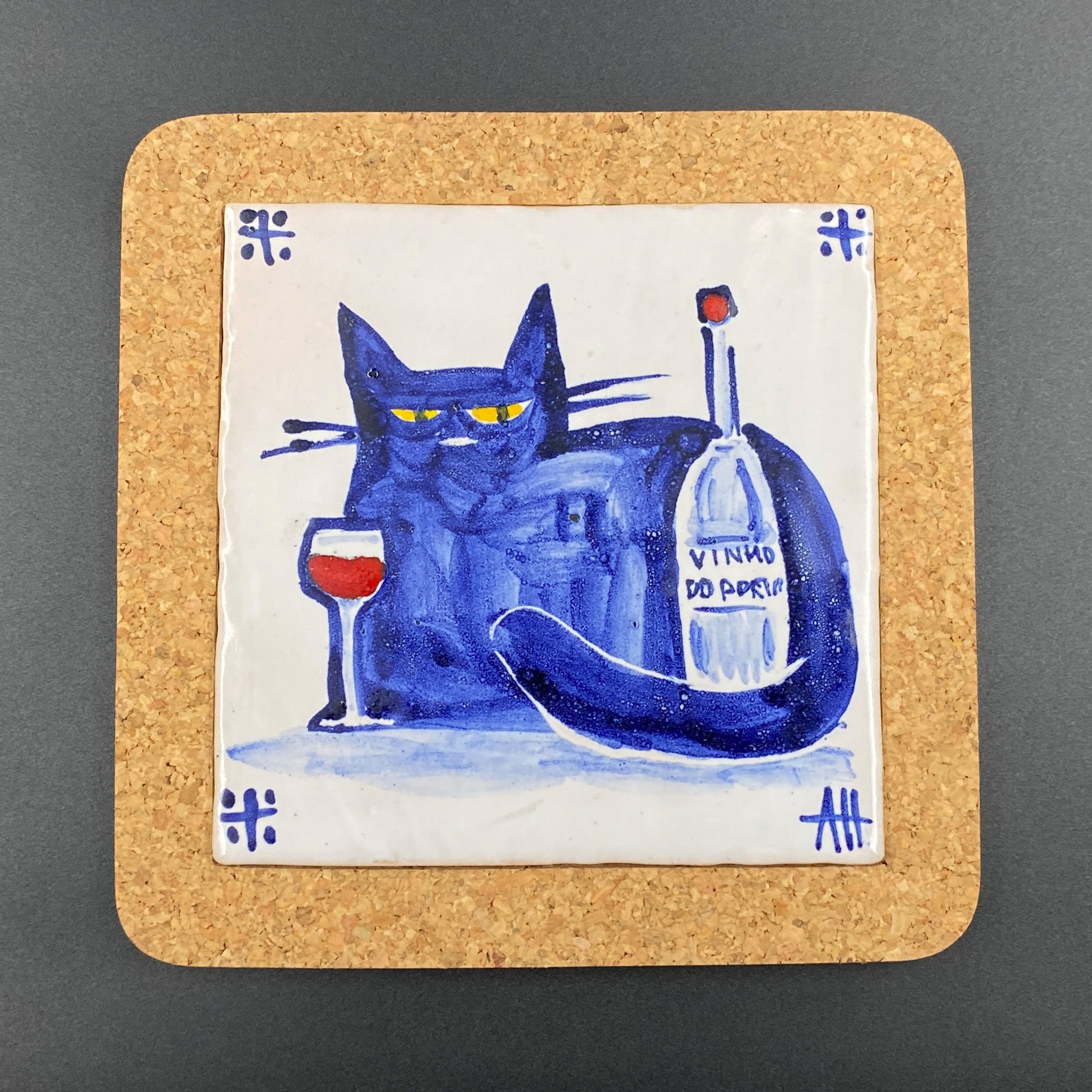 Cat & Port wine - Azulejo Handmade Portuguese Tile in Cork Base